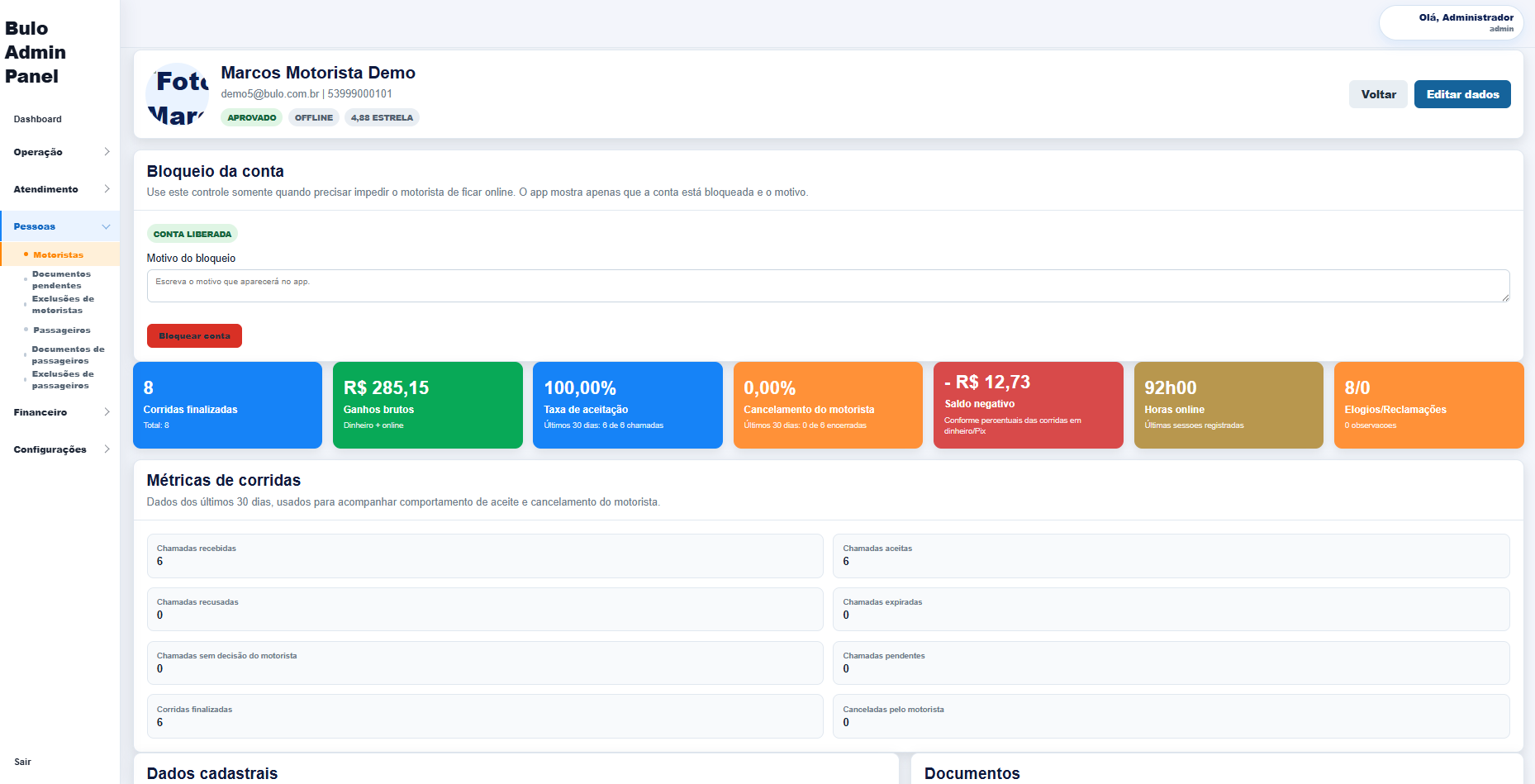 Perfil de motorista com cadastros e documentos