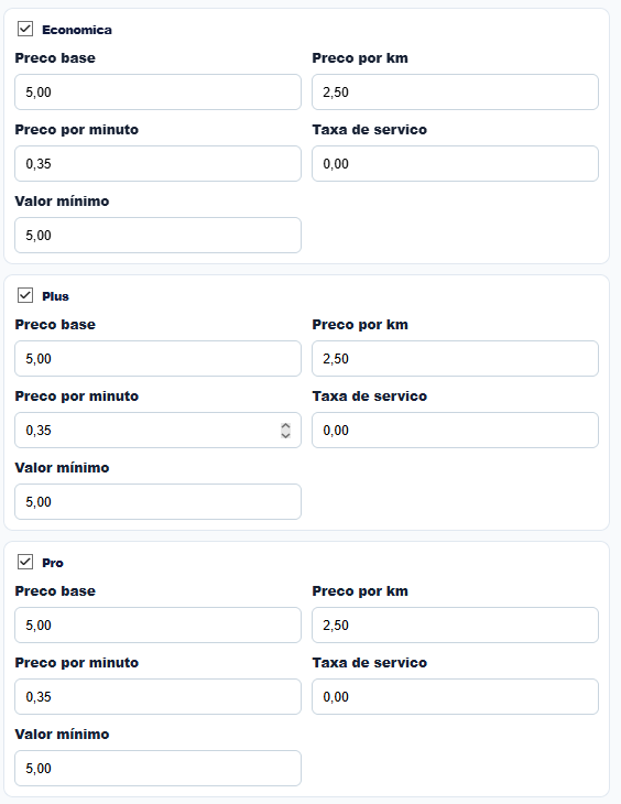 Formulário de valores por categoria de corrida